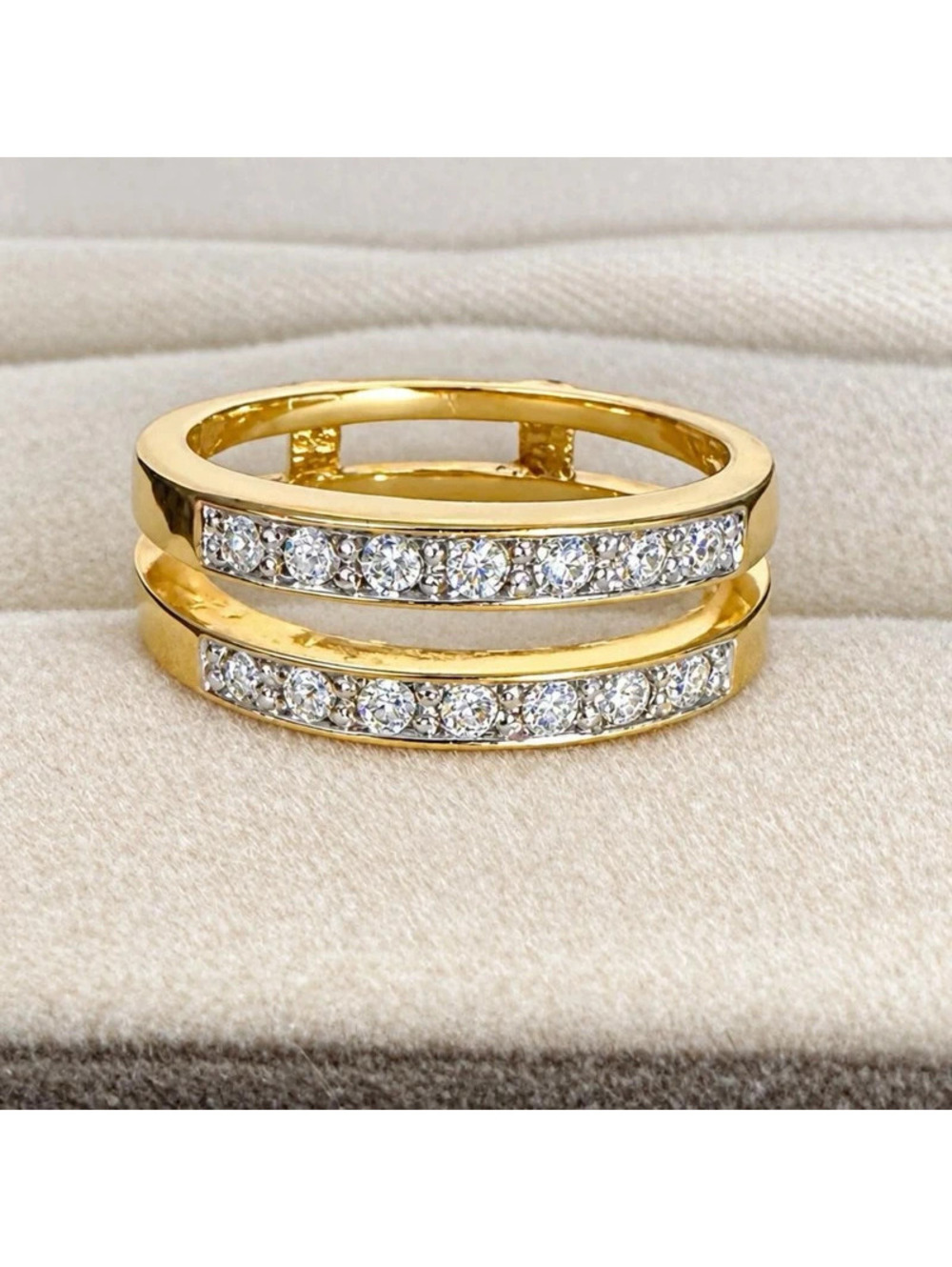 Gold Tone Double Band Ring Clear Rhinestone CZ Open Design Size 6.5 3g